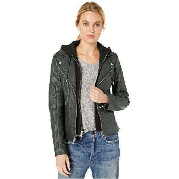 💕GUESS💕 Faux Leather Hooded Moto Jacket Zip Front Scuba ~ Hunter Green XL NWT - Picture 3 of 16